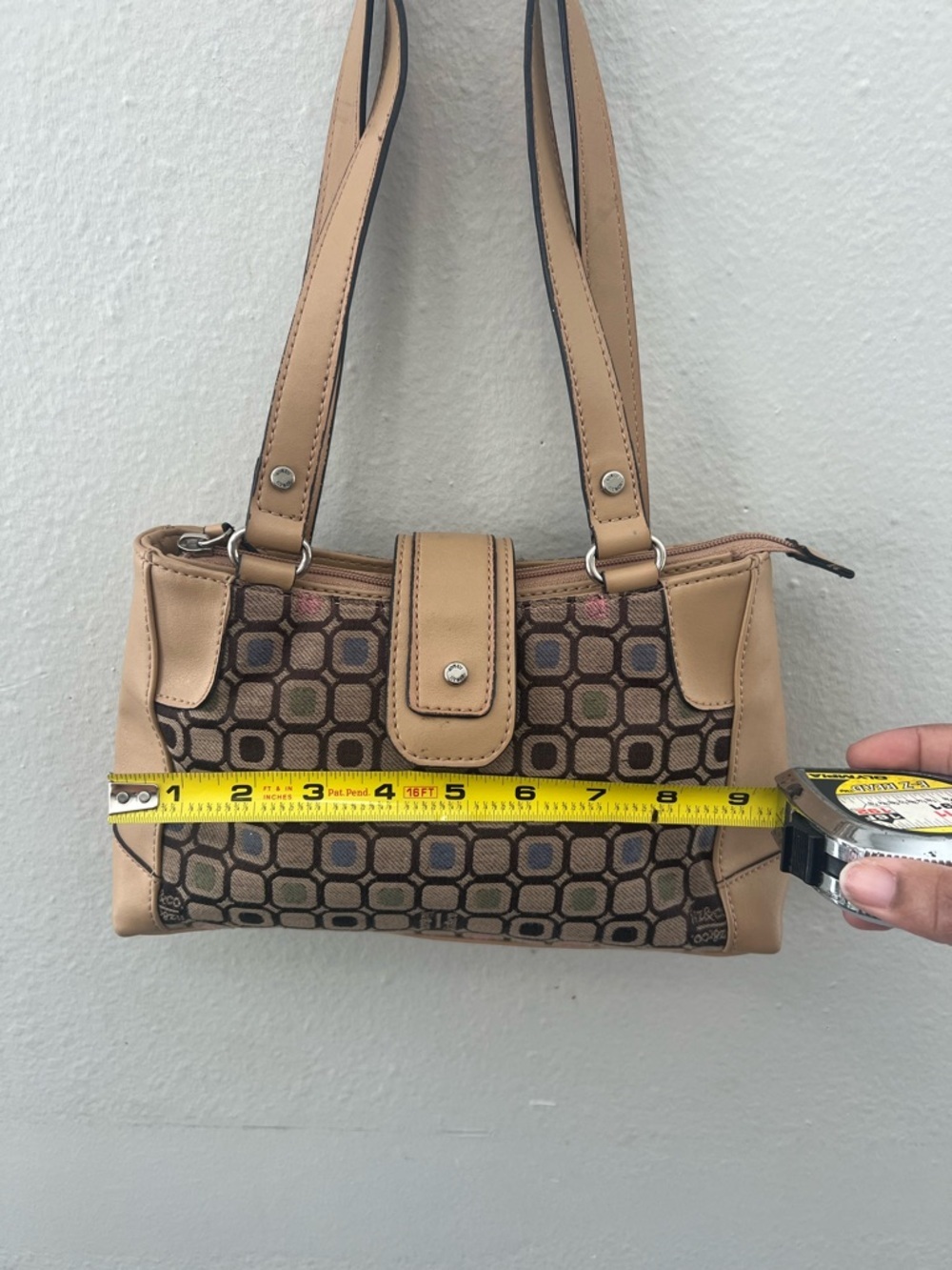 Vintage Liz & Co. Brown Geometric Shoulder Bag With Leather Look Trim Y2K - Picture 4 of 8